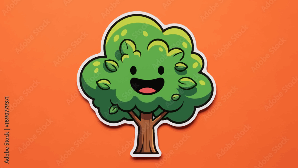 Fototapeta premium Cute Cartoon Tree Sticker with Happy Face on Orange Background