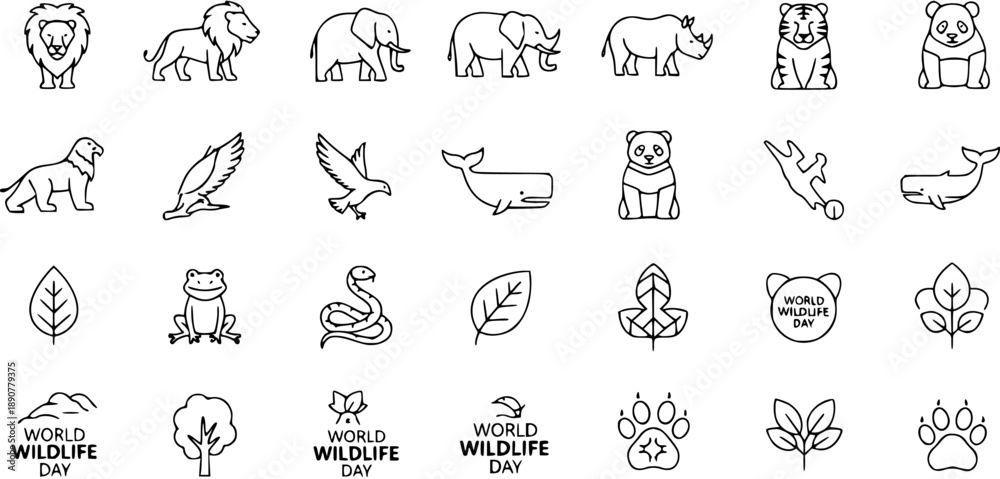 Fototapeta premium Wildlife Icons: Animal and Nature Graphics for World Wildlife Day