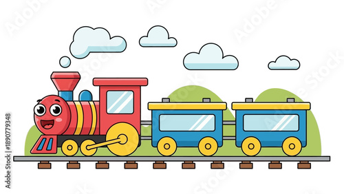Cute cartoon train with carriages on railway tracks, smiling face
