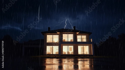 Lightning illuminating a house during heavy rainstorm at night, emphasizing dramatic weather and power of nature.