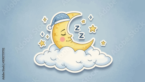 Cute Sleeping Moon Character on Clouds with Stars