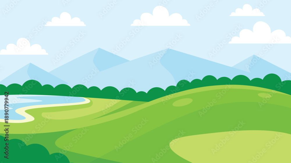 Obraz premium Green Hills Landscape with River, Trees and Mountains Cartoon Illustration