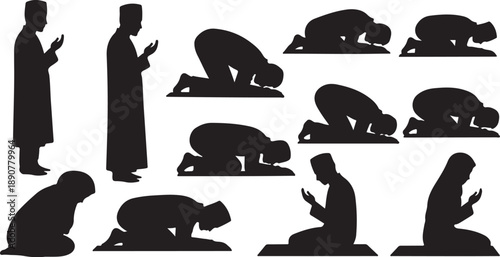 Silhouette of Muslim man praying in various positions illustration