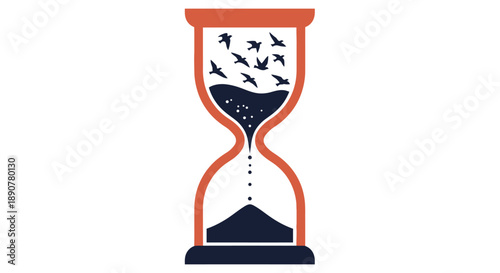 Cartoon illustration of birds escaping from a centered hourglass, dark blue sand flowing, dynamic movement on a white background