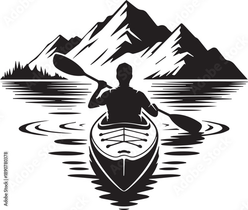 Kayaking Silhouette Vector Set, Canoe and Kayak on Lake with Mountains and Nature Landscapes
