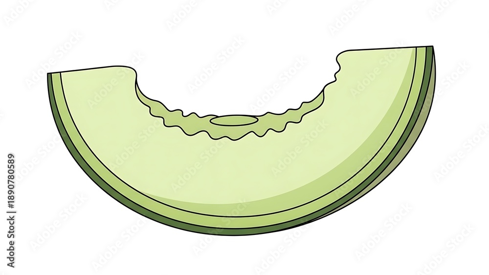 Fototapeta premium Cartoon illustration of a bitten honeydew melon slice on white background.