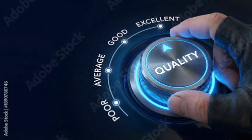 Hand adjusting a sleek glowing quality knob to excellent on a dark blue background