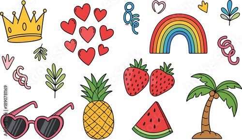 Cute colorful hand drawn doodle icons set with hearts fruits rainbow crown sunglasses palm tree summer elements