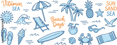 Beach Vacation Icons Vector Illustration Set