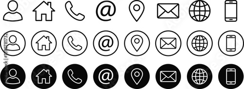 Contact icon set, contact us in line and solid style. Business card or website icons set address, location, number, fax, email, phone, website, message, name icon collection, communication contact