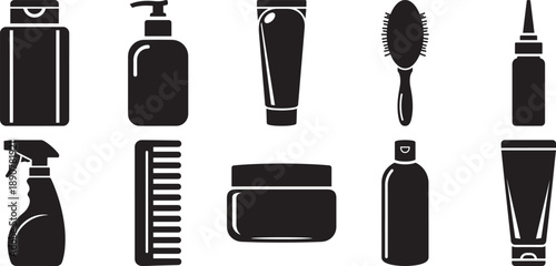 Essential hair and beauty care product silhouettes, including bottles, combs, and brushes Vector