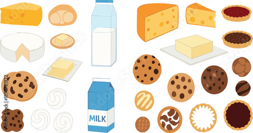 Food products collection vector illustration with bread, meat, fish, seafood, dairy, cheese, milk, and bakery items