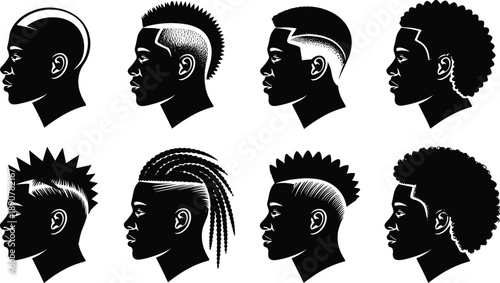 Black men hairstyle silhouettes collection featuring afro fade braids mohawk profiles isolated on white background vector illustration set for barbershop branding