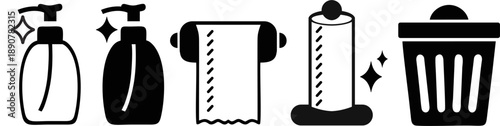 Hygiene Icons Set with Soap Dispenser Tissue and Trash Bin