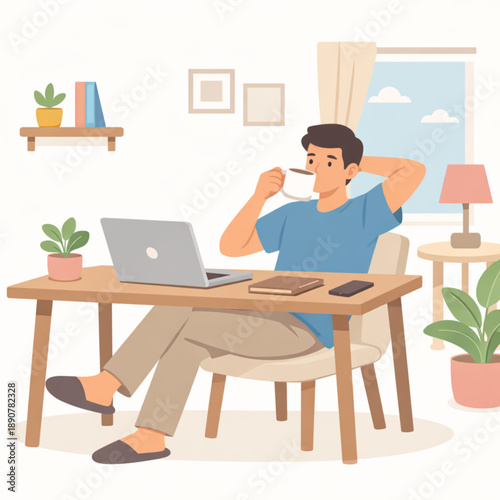 Freelancer Working from Home with Coffee Cozy Home Office Flat Vector Illustration