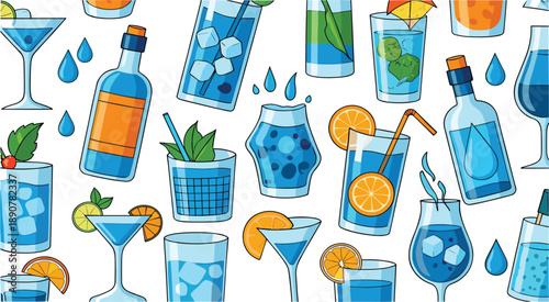 Hand drawn blue drink and hot beverages isolated illustration