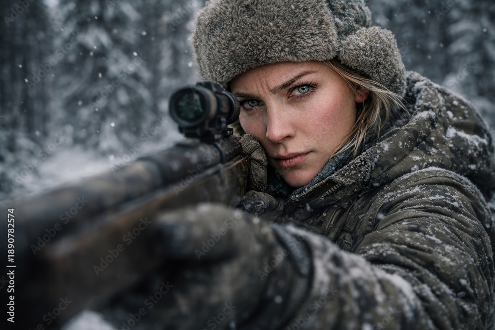 Fototapeta premium Concentrated woman with rifle with optics in snowy forest, dressed in heavy winter gear, close up.