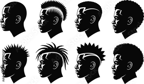 African American men hairstyle silhouettes featuring afro fade dreadlocks mohawk profiles isolated on white background vector illustration set for barber branding