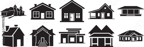 Collection of diverse house and home silhouettes depicting various architectural styles Vector