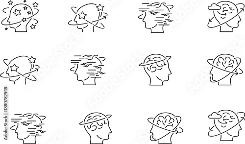 Mental health psychology line icon set showing stress anxiety confusion depression and emotional state concepts