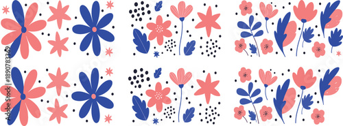 Modern abstract floral pattern set with bold flowers leaves and decorative dots in trendy flat style