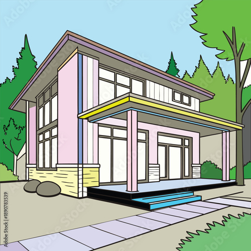 This illustration showcases a modern house with clean lines, geometric structure, and a minimalist design. Large glass windows allow natural light to flow inside, while the flat roof and open porch gi