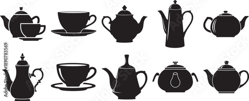 Collection of elegant black silhouette designs of various teapots and teacups Vector