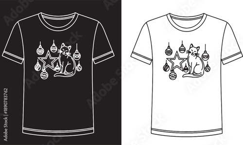 Christmas Cat T-Shirt Design with Ornaments and Star Holiday Line Art Vector Illustration