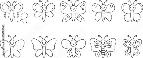 Cute butterfly cartoon line art illustration set, black and white outline insect characters for kids coloring pages, nursery designs, educational worksheets and playful children graphic