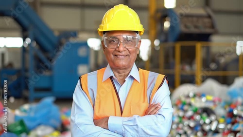 Smiling engineer posing confidently with arms crossed in a recycling plant environment.