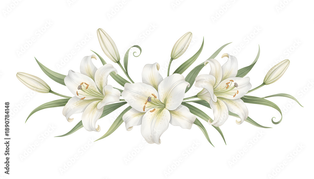 Fototapeta premium White Lily Botanical Watercolor Branch Isolated on Transparent Background