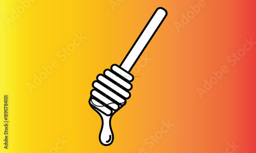 Honey dipper illustration with dripping honey on warm gradient background, minimalist line art style icon for beekeeping, organic food, natural sweetener, packaging and branding design projects