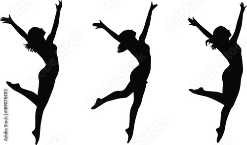 Set of female dancer silhouette vector illustration with expressive jumping pose