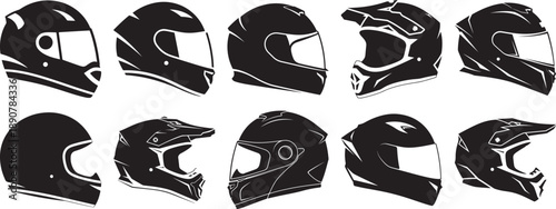 A diverse collection of ten black silhouette motorcycle helmets for various rider styles Vector