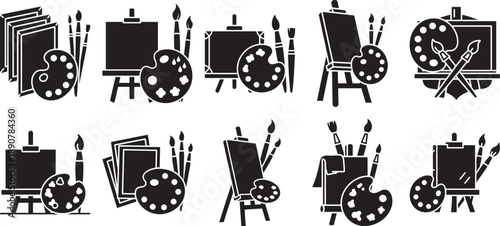 Collection of artistic tools and supplies featuring easels, palettes, and brushes for creative projects Vector