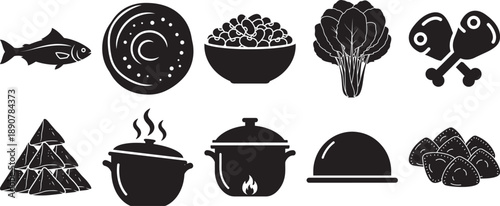 Collection of diverse food and cooking icons for kitchen and culinary themes Vector