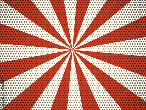 Classic red and white sunburst background featuring a retro halftone dot texture perfect for pop art designs sales and promotions
