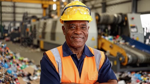 Smiling worker standing confidently with arms crossed in a recycling plant, representing sustainability, waste management, and environmental responsibility.