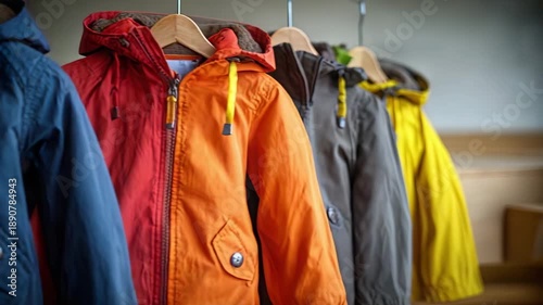 Colorful children's winter jackets hanging in a row