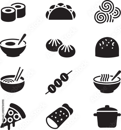 black and white food icons on white background