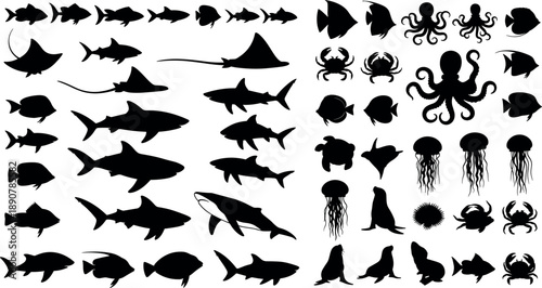 Huge vector bundle of underwater creature silhouettes with sharks whales rays octopuses and tropical fish for creative marine life logo designs.