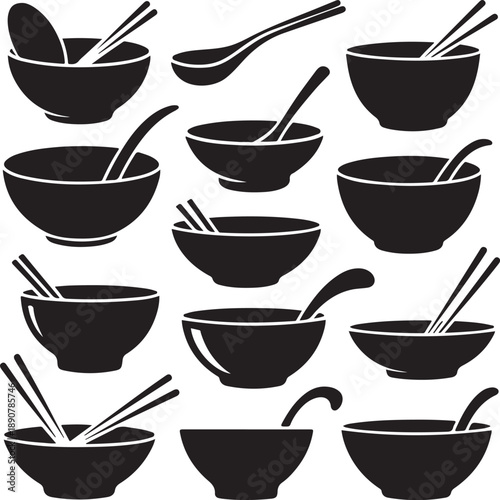 black and white illustration of various bowls and chopsticks