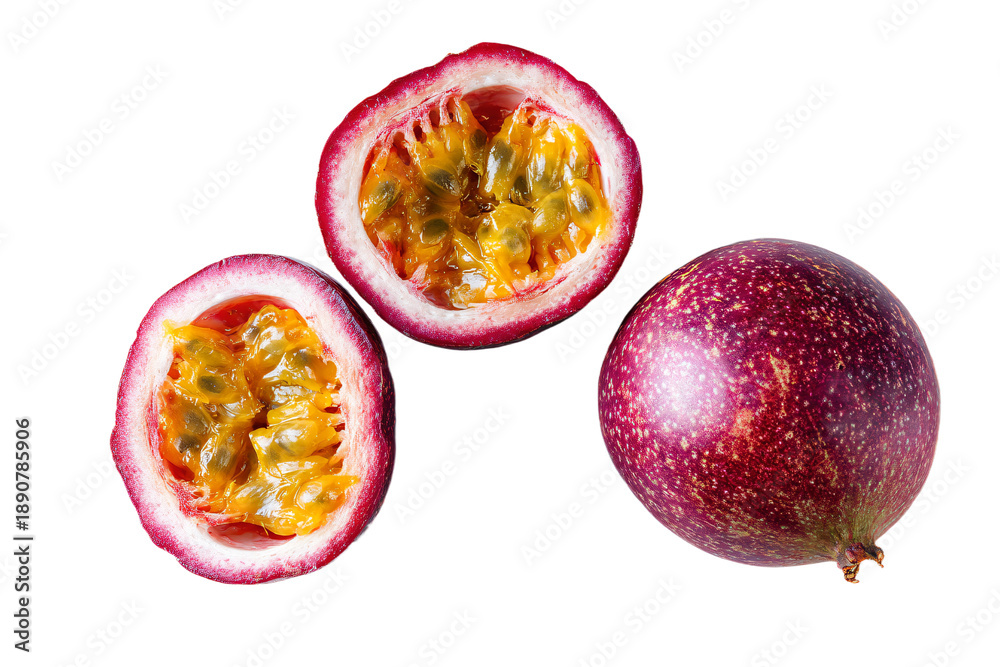 Fototapeta premium Fresh Cut and Whole Passion Fruit on White Background