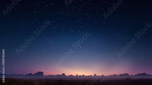 A celestial panorama of the night sky, dotted with countless stars, above a misty horizon. The image captures the serene beauty of the cosmos.