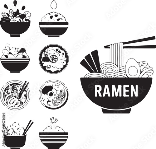 Black and white illustrations of various Asian noodle soups