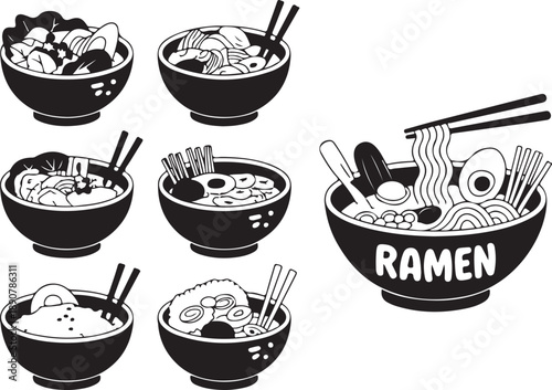 Black and white illustration of various ramen bowls with chopsticks and ingredients