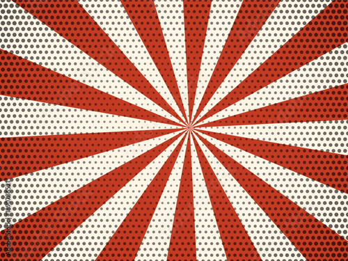 Retro red and white sunburst background featuring a halftone dot pattern perfect for comic book art advertising or graphic design