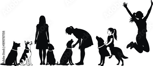 Silhouette set of women and children playing with dogs, happy girl jumping for joy, pet friendship, canine training, animal companionship.