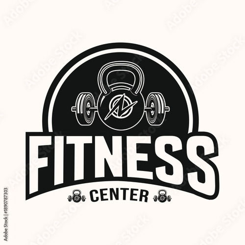 fitness center logo design with kettlebell and dumbbells illustration t-shirt design.