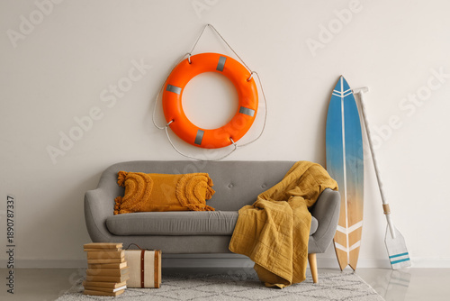 Cozy sofa with cushion, pla...